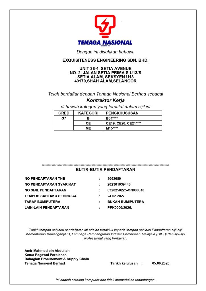 TNB VENDOR CERTIFICATE